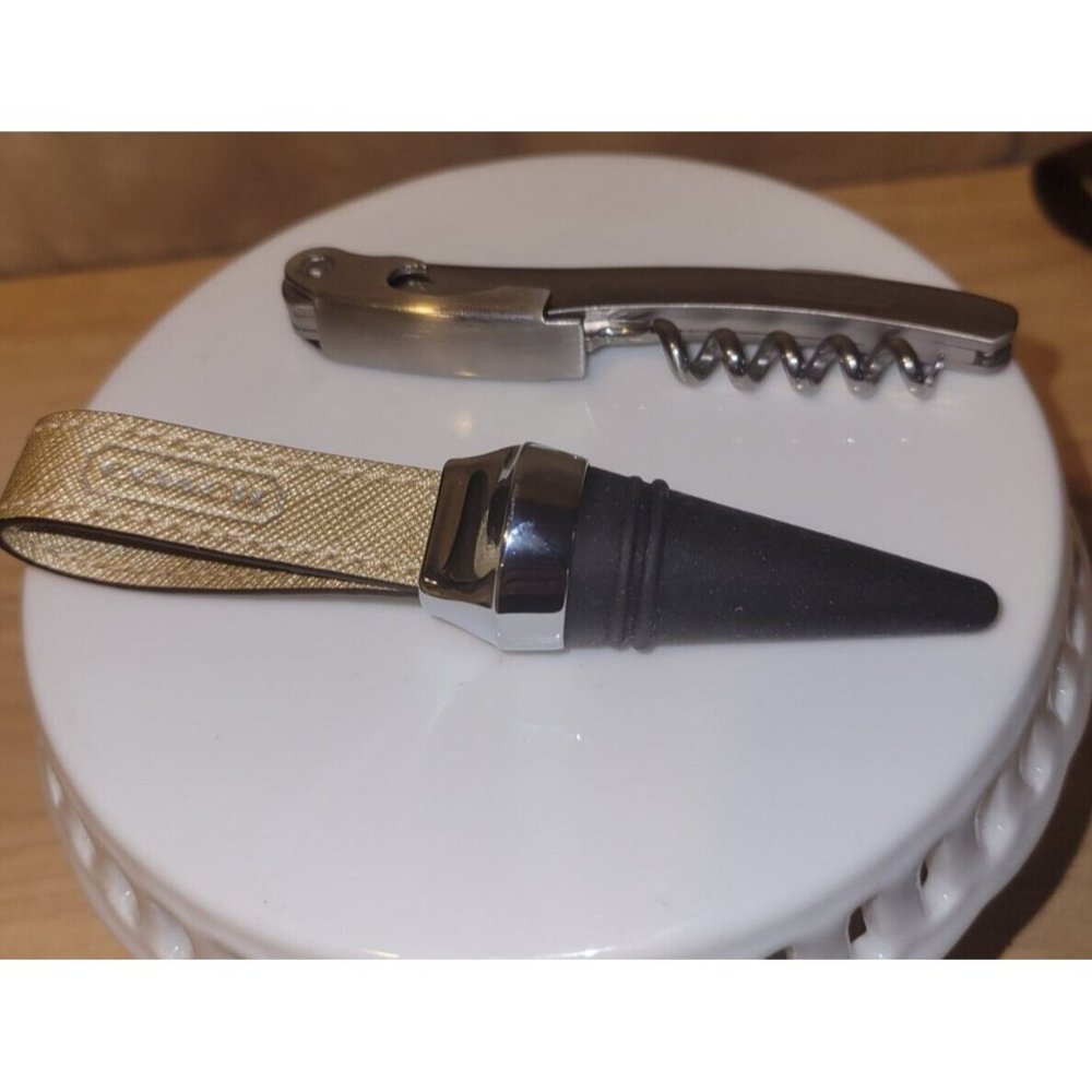 Gold Leather and Brushed Silver Coach Bottle Stopper Opener Set